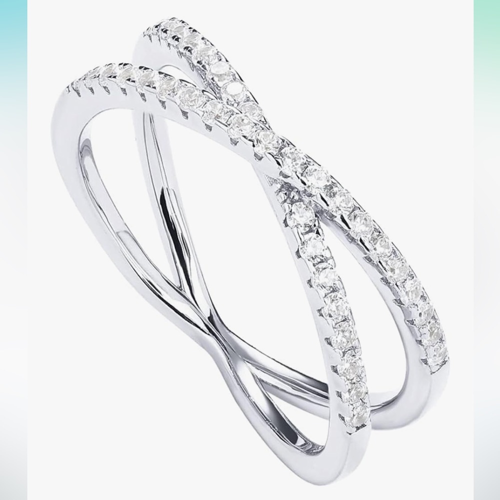 Pavoi Cross Band Ring 14K White Gold Plated Simulated Diamond CZ Sz 5